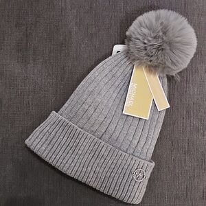 Michael Kors Cable Knit Fleece Lined Cuffed Pom Pom Winter Gray Beanie hat MK NWT Women main image 3